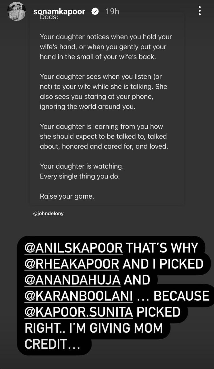 Sonam Kapoor gave a shoutout to her mother Sunita Kapoor on Instagram Stories.