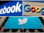 Facebook, Google and Twitter logos are seen in this combination photo.