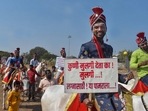 Youths in bridal finery sitting on horses take out a rally campaigning to save the girls, in Solapur, Wednesday.(PTI) Youths in bridal finery sitting on horses take out a rally campaigning to save the girls, in Solapur, Wednesday.(PTI)