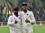 Shams Mulani (left) and Tanush Kotian picked up 18 wickets between them as Mumbai beat Hyderabad by an innings and 217 runs in their Ranji Trophy match at the BKC in Mumbai on Thursday.(Prakash Parsekar/HT )