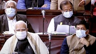 Prime minister Narendra Modi; Piyush Goyal, the Rajya Sabha leader; and other MPs wear masks during the Winter Session of Parliament, in New Delhi on Thursday. (ANI Photo/Sansad TV) Prime minister Narendra Modi; Piyush Goyal, the Rajya Sabha leader; and other MPs wear masks during the Winter Session of Parliament, in New Delhi on Thursday. (ANI Photo/Sansad TV)