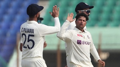India's Kuldeep Yadav celebrates wicket of Bangladesh's Captain Shakib Al Hasan during the first Test cricket match on day five between Bangladesh and India in Chattogram Bangladesh, Sunday, Dec. 18, 2022. AP/PTI(AP12_18_2022_000022A) (AP) India's Kuldeep Yadav celebrates wicket of Bangladesh's Captain Shakib Al Hasan during the first Test cricket match on day five between Bangladesh and India in Chattogram Bangladesh, Sunday, Dec. 18, 2022. AP/PTI(AP12_18_2022_000022A) (AP)