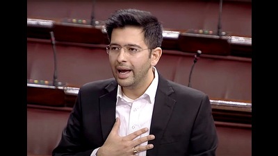 Aam Aadmi Party MP Raghav Chadha speaking in Rajya Sabha during the Winter Session of the Parliament in New Delhi on Thursday. (ANI)