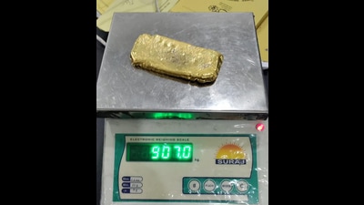 As per customs officials, the man, who had travelled from Dubai to Chandigarh in an Indigo flight, was intercepted after he had crossed the green channel and on a detailed checking of the accused, 907 gm gold worth  ₹49 lakh from the vest and undergarment of the passenger was recovered. (HT Photo)