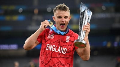 Sam Curran celebrates after winning the T20 World Cup (REUTERS)
