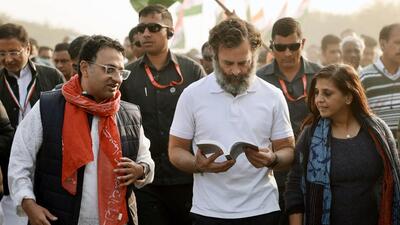 Congress leader Rahul Gandhi during the party's Bharat Jodo Yatra, at Ghasera village, in Nuh on Thursday. (ANI) Congress leader Rahul Gandhi during the party's Bharat Jodo Yatra, at Ghasera village, in Nuh on Thursday. (ANI)