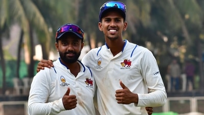 Shams Mulani (left) and Tanush Kotian picked up 18 wickets between them as Mumbai beat Hyderabad by an innings and 217 runs in their Ranji Trophy match at the BKC in Mumbai on Thursday. (Prakash Parsekar/HT )