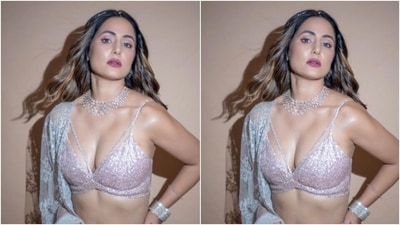 Styled by fashion stylist Sunakshi Kansal Rathod, Hina wore her tresses open in wavy curls with a middle part. (Instagram/@realhinakhan) Styled by fashion stylist Sunakshi Kansal Rathod, Hina wore her tresses open in wavy curls with a middle part. (Instagram/@realhinakhan)