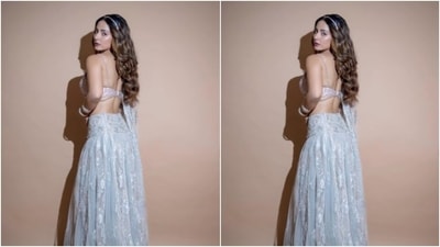 Hina played muse to fashion designer Shehla Khan and picked a silver lehenga from the shelves of the designer. (Instagram/@realhinakhan) Hina played muse to fashion designer Shehla Khan and picked a silver lehenga from the shelves of the designer. (Instagram/@realhinakhan)