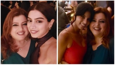 Khushi Kapoor and Suhana Khan pose with Delnaaz Irani. Khushi Kapoor and Suhana Khan pose with Delnaaz Irani.