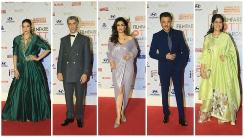 Gauahar Khan, Jim Sarbh, Raveena Tandon, Anil Kapoor and Sakshi Tanwar at Filmfare OTT Awards. (Varinder Chawla) Gauahar Khan, Jim Sarbh, Raveena Tandon, Anil Kapoor and Sakshi Tanwar at Filmfare OTT Awards. (Varinder Chawla)