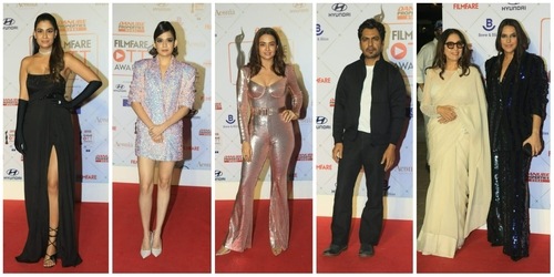 Shreya Dhanwanthary, Mithila Palkar, Surveen Chawla, Nawazuddin Siddiqui, Neena Gupta and Neha Dhupia at Filmfare OTT Awards. (Varinder Chawla) Shreya Dhanwanthary, Mithila Palkar, Surveen Chawla, Nawazuddin Siddiqui, Neena Gupta and Neha Dhupia at Filmfare OTT Awards. (Varinder Chawla)