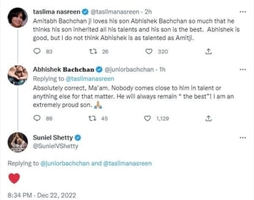 Taking to Twitter on Thursday, Taslima Nasreen also said that Abhishek is not 'as talented as' Amitabh.