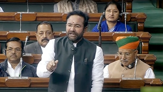 Union minister for tourism and culture G Kishan Reddy speaks in Lok Sabha during the Winter Session of the Parliament, in New Delhi on Monday. (ANI)