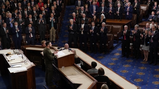 Ukrainian President Volodymyr Zelenskyy addresses Congress during his first trip outside his country since Russia invaded in February, at the Capitol in Washington, Wednesday, Dec. 21, 2022. (AP Photo/J. Scott Applewhite)(AP)