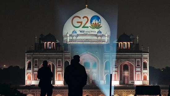 New Delhi: Humayun's Tomb is illuminated displaying the logo of G20 Summit 2023, to be held in India, in New Delhi, Thursday, Dec.1, 2022. (PTI Photo/Atul Yadav) (PTI12_01_2022_000429B) (PTI)