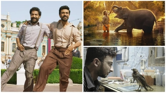 Stills from RRR song Naatu Naatu, The Elephant Whisperers and re All That Breathes. 