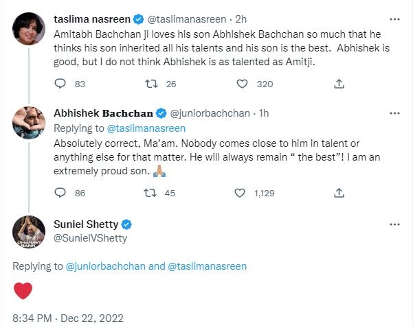 Taking to Twitter on Thursday, Taslima Nasreen also said that Abhishek is not 'as talented as' Amitabh.