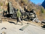 The remains of the Army truck which met an accident in Sikkim on Thursday killing 16 soldiers and injuring 4. 