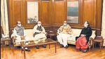Prime Minister Narendra Modi, defence minister Rajnath Singh and UPA chairperson Sonia Gandhi attend the customary meeting at the end of the winter session of Parliament, at Lok Sabha speaker Om Birla’s chamber in New Delhi on Friday. (ANI) Prime Minister Narendra Modi, defence minister Rajnath Singh and UPA chairperson Sonia Gandhi attend the customary meeting at the end of the winter session of Parliament, at Lok Sabha speaker Om Birla’s chamber in New Delhi on Friday. (ANI)