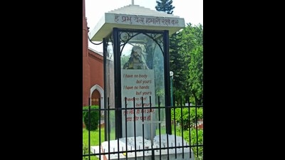 In May, the church authorities also “installed” the upper part of the desecrated Jesus Christ statue, also called Sacred Heart statue inside the glass box with a holy quote. (HT File)