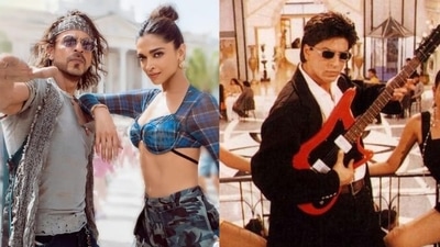 Jhoome Jo Pathaan featuring Shah Rukh Khan and Deepika Padukone (left); Shah Rukh in Woh Ladki Jo from his 1999 film Baadshah.