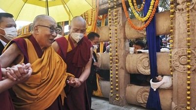 Dalai Lama: Tibetan spiritual leader Dalai Lama arrives at the Mahabodhi Temple, in Bodh Gaya. (PTI)