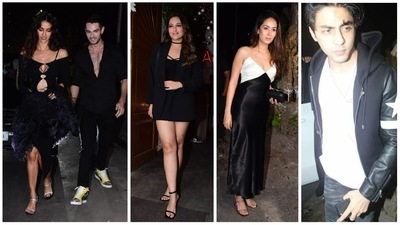 Disha Patani with friend, Sonakshi Sinha, Mouni Roy and Aryan Khan at Mohit Rai's birthday bash. (Varinder Chawla) Disha Patani with friend, Sonakshi Sinha, Mouni Roy and Aryan Khan at Mohit Rai's birthday bash. (Varinder Chawla)