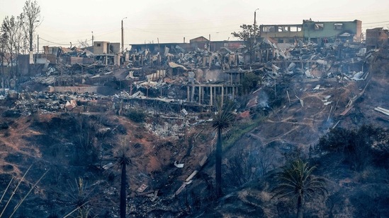 Vista de casas destruidas por incendio forestal.  Las autoridades dijeron que el gran incendio probablemente estaría bajo control a fines del viernes.  (AFP)