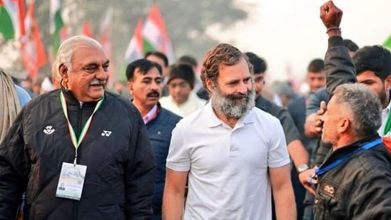 Congress leader Rahul Gandhi during the Bharat Jodo Yatra at Ferozepur Jhirka in Mewat, in Gurugram. (HT Photo)