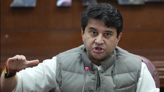 Union minister Jyotiraditya Scindia addressed a Press conference on the initiatives taken by the government over the last eight years in the healthcare sector (PTI)