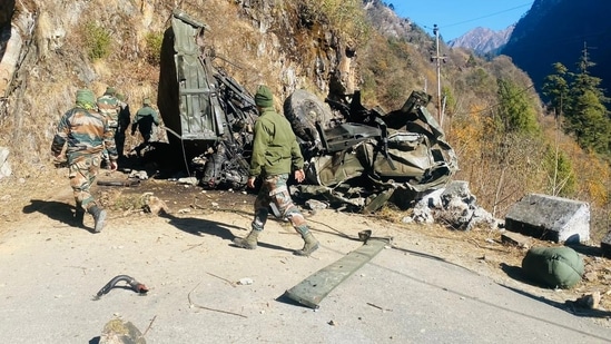 The remains of the Army truck which met an accident in Sikkim on Thursday killing 16 soldiers and injuring 4. 