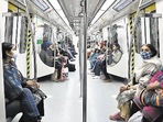 Women passengers inside a reserved coach on a Violet Line train on Saturday evening. (Sanchit Khanna/ht photo) Women passengers inside a reserved coach on a Violet Line train on Saturday evening. (Sanchit Khanna/ht photo)