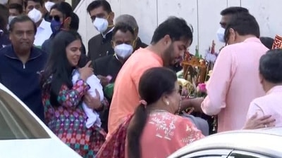 Isha Ambani was spotted with the twins as she arrived in Mumbai on Saturday. (ANI)