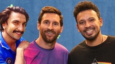 Ranveer Singh's photoshopped pic with Lionel Messi and Rohan Shrestha. Ranveer Singh's photoshopped pic with Lionel Messi and Rohan Shrestha.