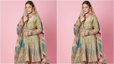 Shehnaaz looked perfect in the pastel golden zardosi kurti featuring a plunging neckline, full sleeves, and frill details at the end of the kurti. It also came with zari details at the borders of the sleeves. (Instagram/@shehnaazgill) Shehnaaz looked perfect in the pastel golden zardosi kurti featuring a plunging neckline, full sleeves, and frill details at the end of the kurti. It also came with zari details at the borders of the sleeves. (Instagram/@shehnaazgill)