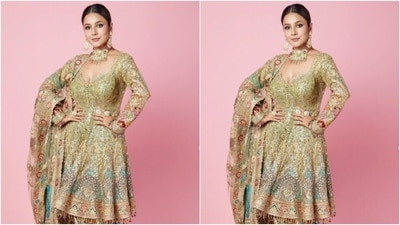 Shehnaaz further teamed it with a pair of matching shararas with multicoloured zari details at the borders. In a dupatta with heavy embroidery work and zari work, Shehnaaz completed the look for the day. (Instagram/@shehnaazgill) Shehnaaz further teamed it with a pair of matching shararas with multicoloured zari details at the borders. In a dupatta with heavy embroidery work and zari work, Shehnaaz completed the look for the day. (Instagram/@shehnaazgill)