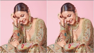 In a statement golden neck choker, statement golden earrings and a golden finger ring, Shehnaaz aptly accessorised her look. (Instagram/@shehnaazgill) In a statement golden neck choker, statement golden earrings and a golden finger ring, Shehnaaz aptly accessorised her look. (Instagram/@shehnaazgill)