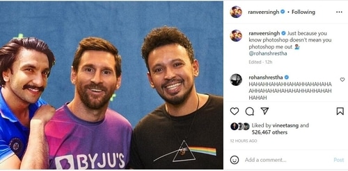 Ranveer Singh has shared a photoshopped picture of himself with Messi. Ranveer Singh has shared a photoshopped picture of himself with Messi.