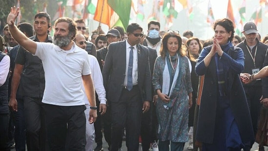 Congress general secretary Priyanka Gandhi Vadra with party leader Rahul Gandhi greets supporters as she joins the yatra.(Congress Twitter)