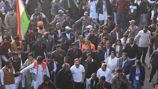 Rahul Gandhi leads Bharat Jodo Yatra in Delhi. (HT photo/ Raj K Raj) 