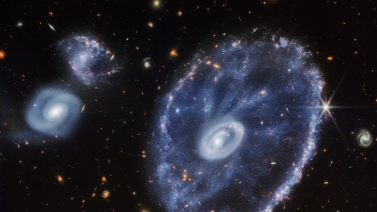 This galaxy formed as the result of a high-speed collision that occurred about 400 million years ago. The Cartwheel is composed of two rings, a bright inner ring and a colourful outer ring. Both rings expand outward from the centre of the collision like shockwaves.(NASA, ESA, CSA, STScI, Webb ERO Production Team)
