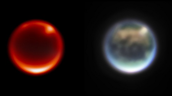 Images of Saturn’s moon Titan, captured by the James Webb Space Telescope’s NIRCam instrument. Left image using F212N, a 2.12-micron filter sensitive to Titan’s lower atmosphere. Right Colour composite image using a combination of NIRCam filters.(NASA, ESA, CSA, STScI)
