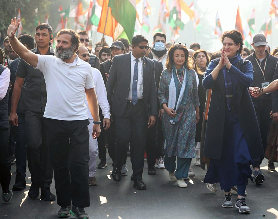 Congress general secretary Priyanka Gandhi Vadra with party leader Rahul Gandhi greets supporters as she joins the yatra. (Congress Twitter) Congress general secretary Priyanka Gandhi Vadra with party leader Rahul Gandhi greets supporters as she joins the yatra. (Congress Twitter)