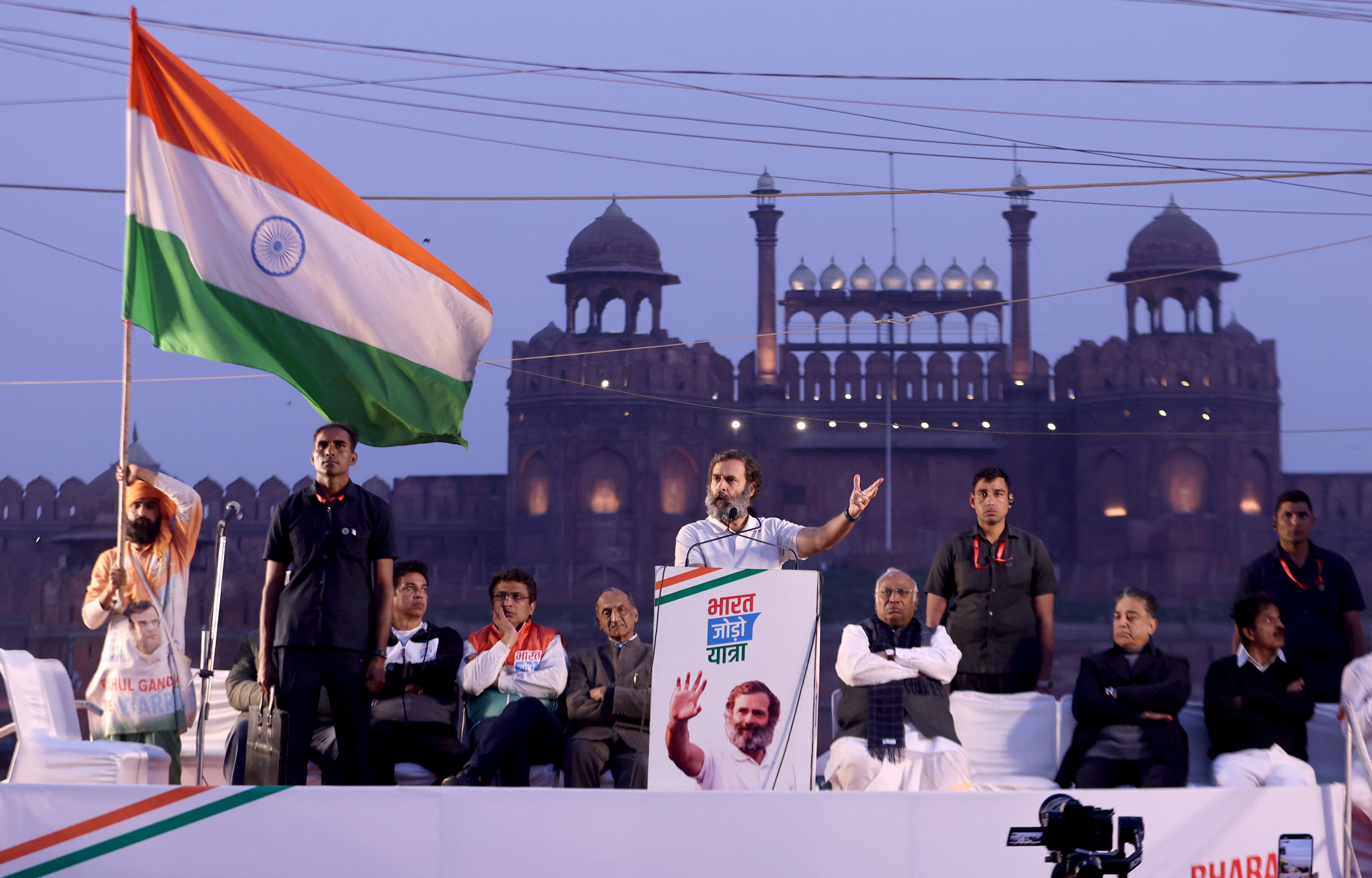 Congress party leader Rahul Gandhi addresses the crowd at the Red Fort during the Yatra. (Hindustan Times)