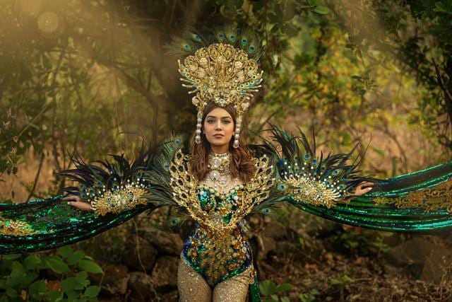 Sargam Koushal’s outfits, for the pageant, were created by an assortment of Indian designers. Sargam Koushal’s outfits, for the pageant, were created by an assortment of Indian designers.