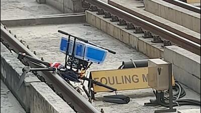 A Metro staff member at the Jasola Metro station saw the drone hitting the train tracks at 1.55pm on Sunday, and alerted authorities, who stopped the trains coming in that direction. The drone reportedly belonged to a pharmaceutical company and was carrying medicine when it struck the Metro rail tracks, officials said. (ANI/Delhi Police)