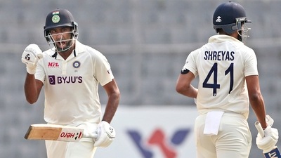 India's Ravichandran Ashwin, left, and Shreyas Iyer celebrates after scoring the final run to beat Bangladesh on the fourth day of the second cricket test match, in Dhaka, Bangladesh, Sunday, Dec. 25, 2022. (PTI) India's Ravichandran Ashwin, left, and Shreyas Iyer celebrates after scoring the final run to beat Bangladesh on the fourth day of the second cricket test match, in Dhaka, Bangladesh, Sunday, Dec. 25, 2022. (PTI)