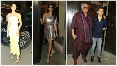 Khushi Kapoor, Janhvi Kapoor, Boney Kapoor and Shikhar Pahariya at Anil Kapoor's birthday bash. (Varinder Chawla)