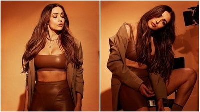 Malaika Arora serves a smoking hot look in leather bralette, biker shorts and blazer. (Instagram) Malaika Arora serves a smoking hot look in leather bralette, biker shorts and blazer. (Instagram)